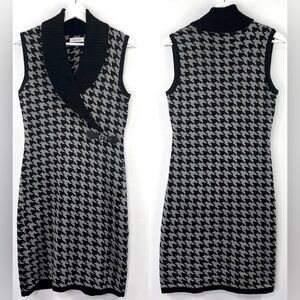 Calvin Klein Black and Gray Houndstooth Long Sleeve Dress